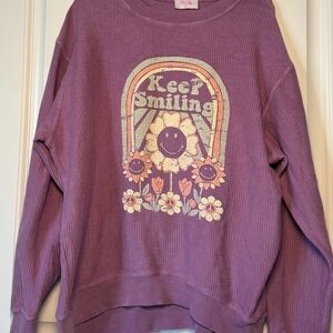 Pink Lily Keep Smiling Graphic Pullover Corded Sweatshirt - Purple